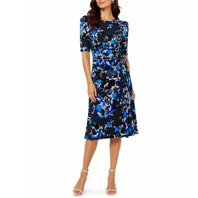 L.K. Bennett 100% Silk Cobalt Blue Floral Midi Dress Puff Sleeves Size 2 NWT