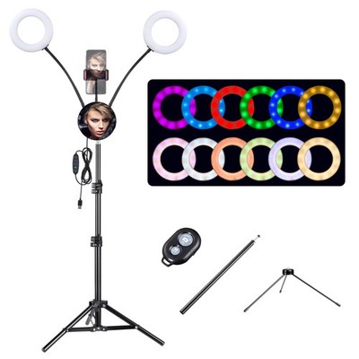 7'' Dual LED Ring Light RGB Lamp Mirror Tripod Phone Holder for Livestream Makeup