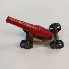 VTG Miniature Cast Metal Cannon 23 Red with Black Working Wheels Military Toy