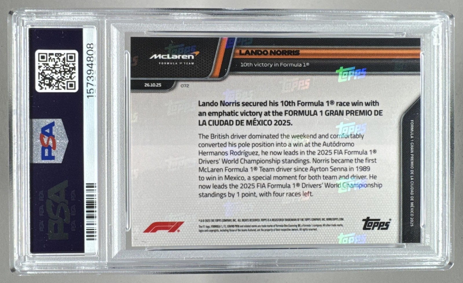 157394808 Lando Norris 2025 Topps NOW F1 #072 PSA 9 view 2