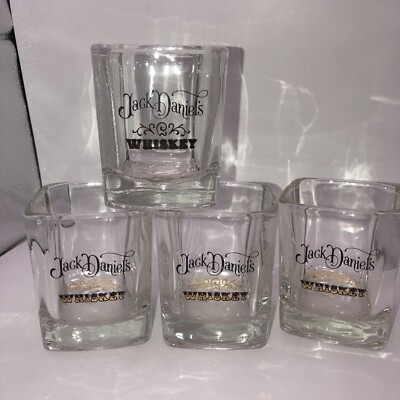 Jack Daniels Whiskey Square Rocks/Lowball Glasses Black & Gold Graphics Set of 4