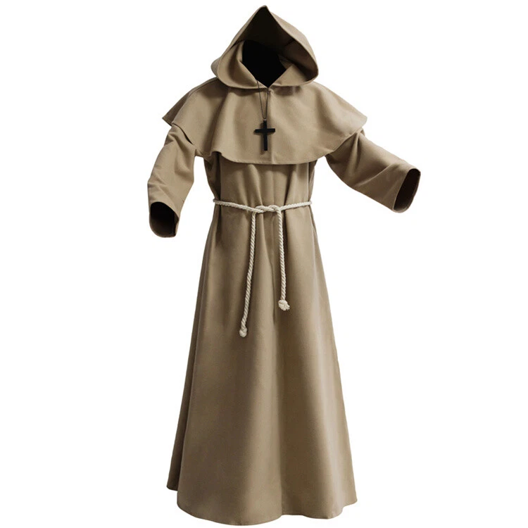 Fantasia cosplay fantasia de teatro Halloween monge bruxo lã com capuz manto - Imagem 3 de 4
