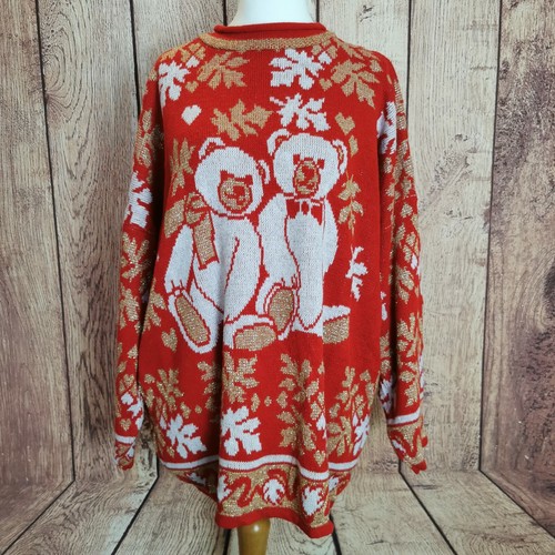 Vintage Size 20 Red & Gold Teddy Bear Pattern 3/4 Sleeved Xmas Jumper Grannycore - Picture 4 of 7