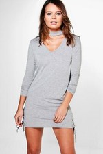 Issy Choker Lace Up Side Detail T-Shirt Dress Grey UK 10 LN006 GG 06