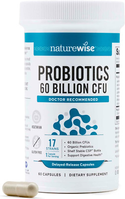 NatureWise Probiotics 60 Billion CFU - 17 Strains + Organic Prebiotics, Capsules