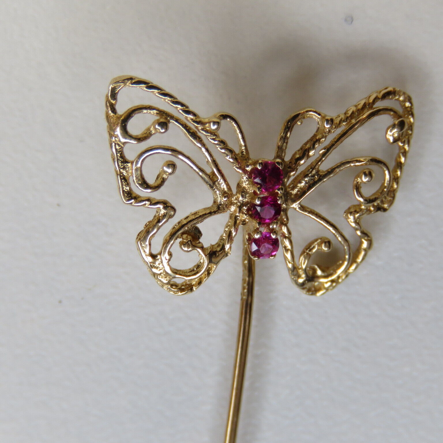 Vintage 10K Filigree Butterfly Stick Pin 1 Gram Yellow Gold 3 Pink Gemstones