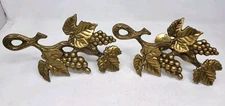 Two 8.5" Vintage Solid Brass Grapes & Leaves Curtain Holdbacks Tie Backs