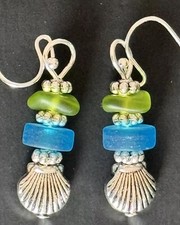 Green and Ocean Blue Sea glass Etched Seashell Earrings. Beach. Ocean