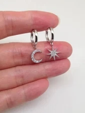 1.5 Ct Round Cut Simulated Diamond Moon Star Drop Earrings 14K White Gold Plated