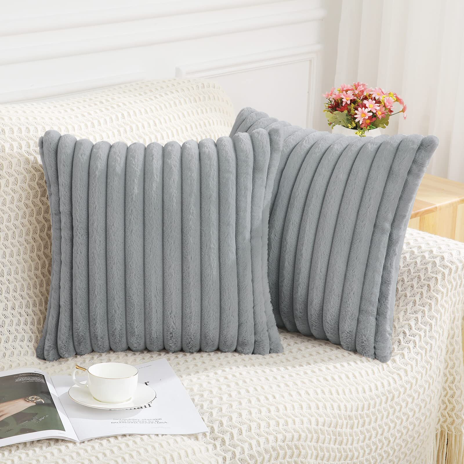 Faux Fur Plush Throw Pillow Covers 18x18 Set of 2 - Luxury Soft Fluffy ...