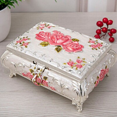 WHITE TIN ALLOY RECTANGLE SHAPE PINK ROSES  MUSIC BOX :  MASQUERADE