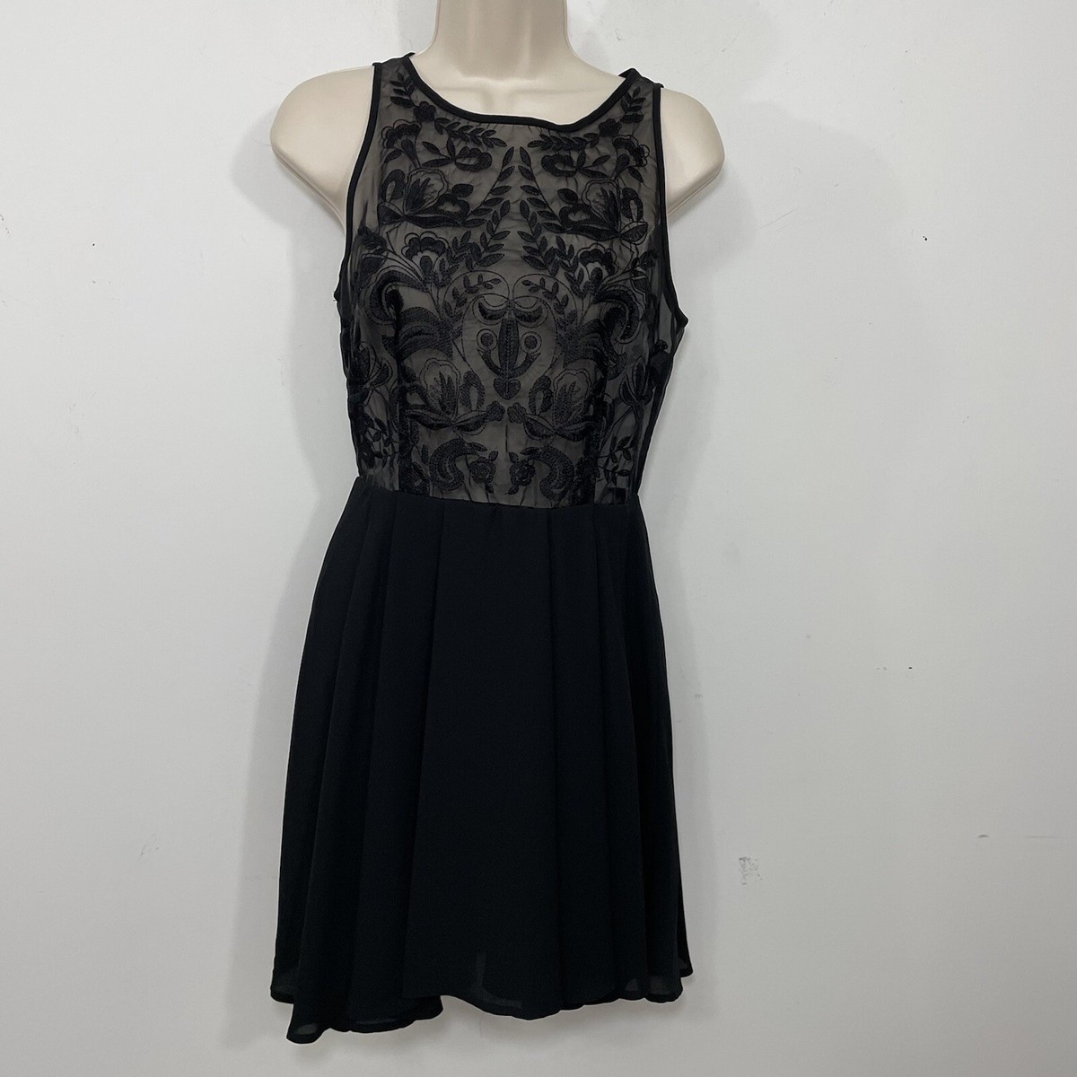black sheer skater dress Black Lace Sheer Detail Plunge Skater Dress