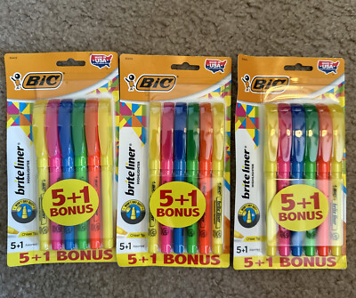 3* BIC Brite Liner Highlighters, Assorted Colors, 5 + 1 Pack