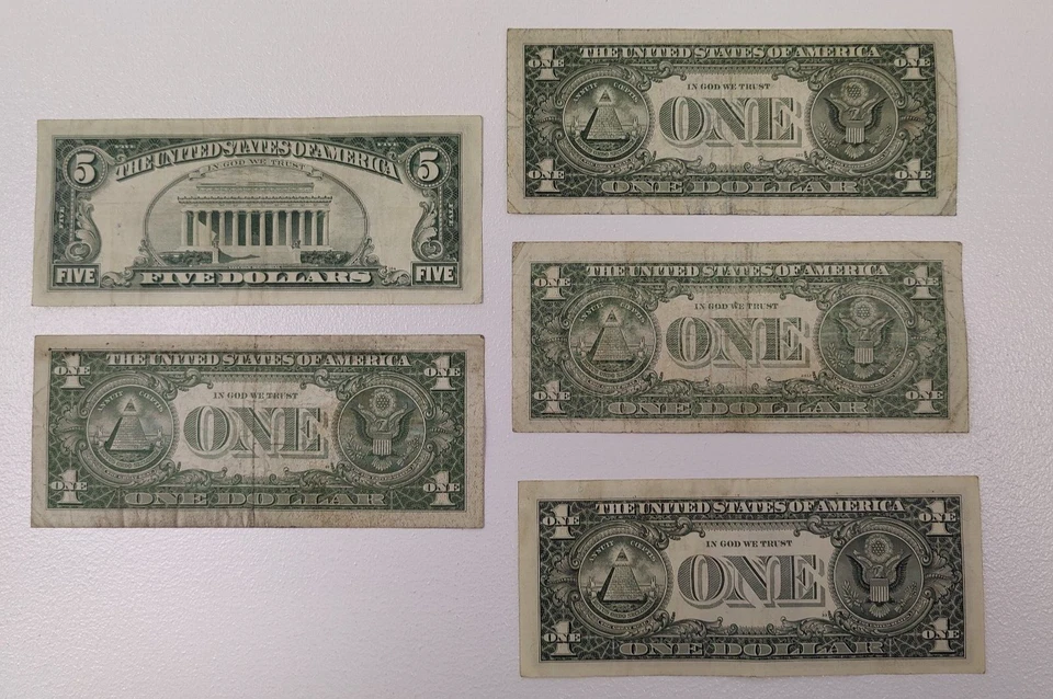 1969 $5 bill 1977 one dollar bill 1957 silver blue seal note 1981 $1 1993 - Image 2 of 4