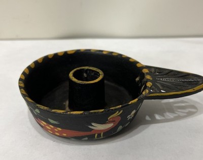 John Wright CAST IRON METAL CANDLE HOLDER HAND PAINTED Red Peacock & Flowers
