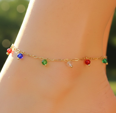 Elegant Gold Tone Multi Color Beaded Anklet 18K Gold Plated Designer Charm Ankle