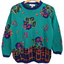 Vintage 90s Floral Embroidered Sweater Novelty Grandmacore Garden Retro Preppy L