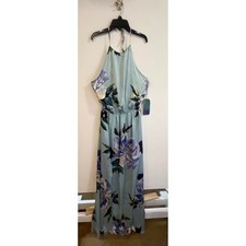 Show Me Your Mumu Blue Floral Halter Maxi Dress Large NWT Side Slit (stained)
