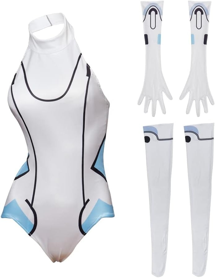 Women’s Noire White Heart Bodysuit Cosplay Jumpsuit Outfit with Gloves Socks