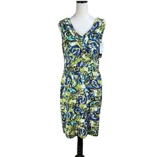 Adrianna Papell NWT 14 Banded Jersey Green Colorful Print Layered Sheath Dress