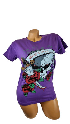 Young&Rich Damen T-Shirt Größe L Lila mit Druck/Zirkonen Neu Mit Etikett 250449