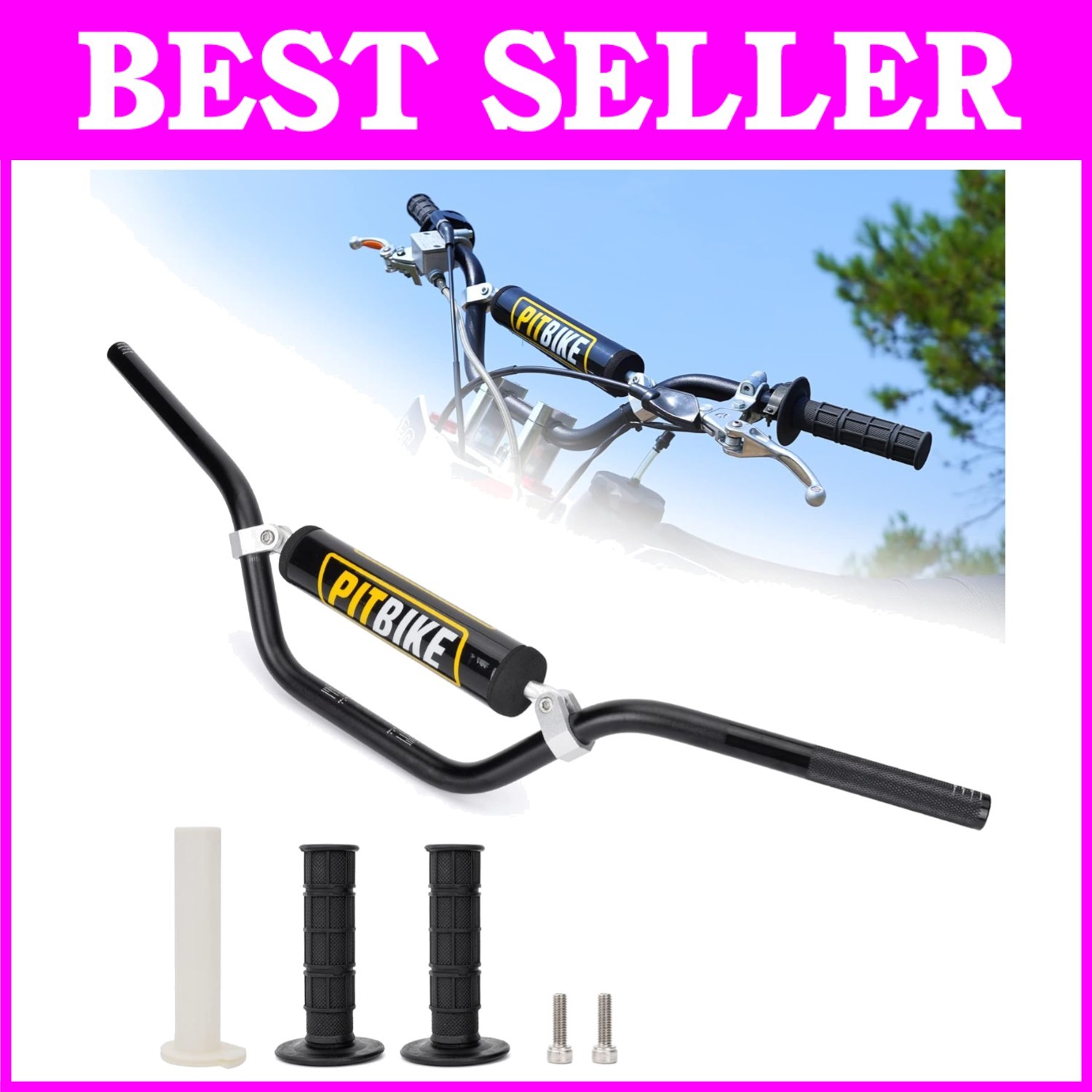Complete Set: Dirt Bike Handlebars, Foam Pad, Grips - Black
