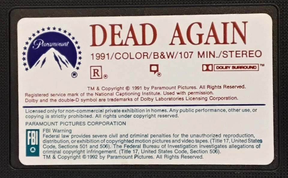 Dead Again (Gently Used VHS 1991) Supernatural-Tinged Romantic Murder Mystery Foto 2 de 4