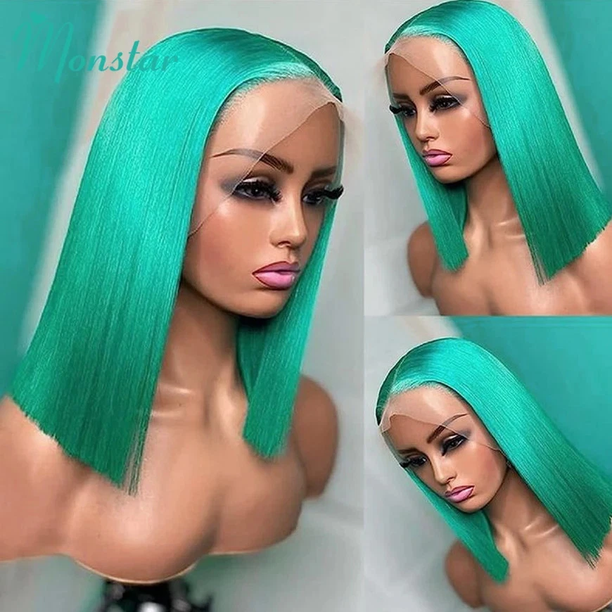 Peluca Frontal Verde Corta Bob Encaje Hd 13x6 Cabello Humano Cabello Crudo Vietnamita Recto Foto 3 de 4