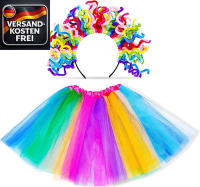 Damen Karneval Kostüm Set inkl Konfetti Haarreif Tütü Regenbogenfarben