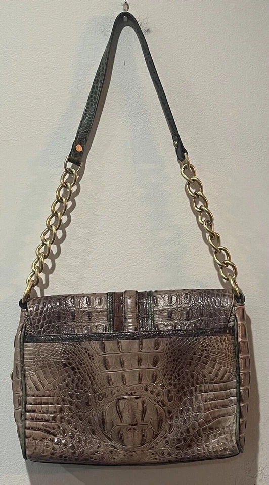 BRAHMIN Cartera Cocodrilo Cuero Repujado Bolso de Hombro Marrón Verde Cadena Bloqueo Giratorio Foto 3 de 4