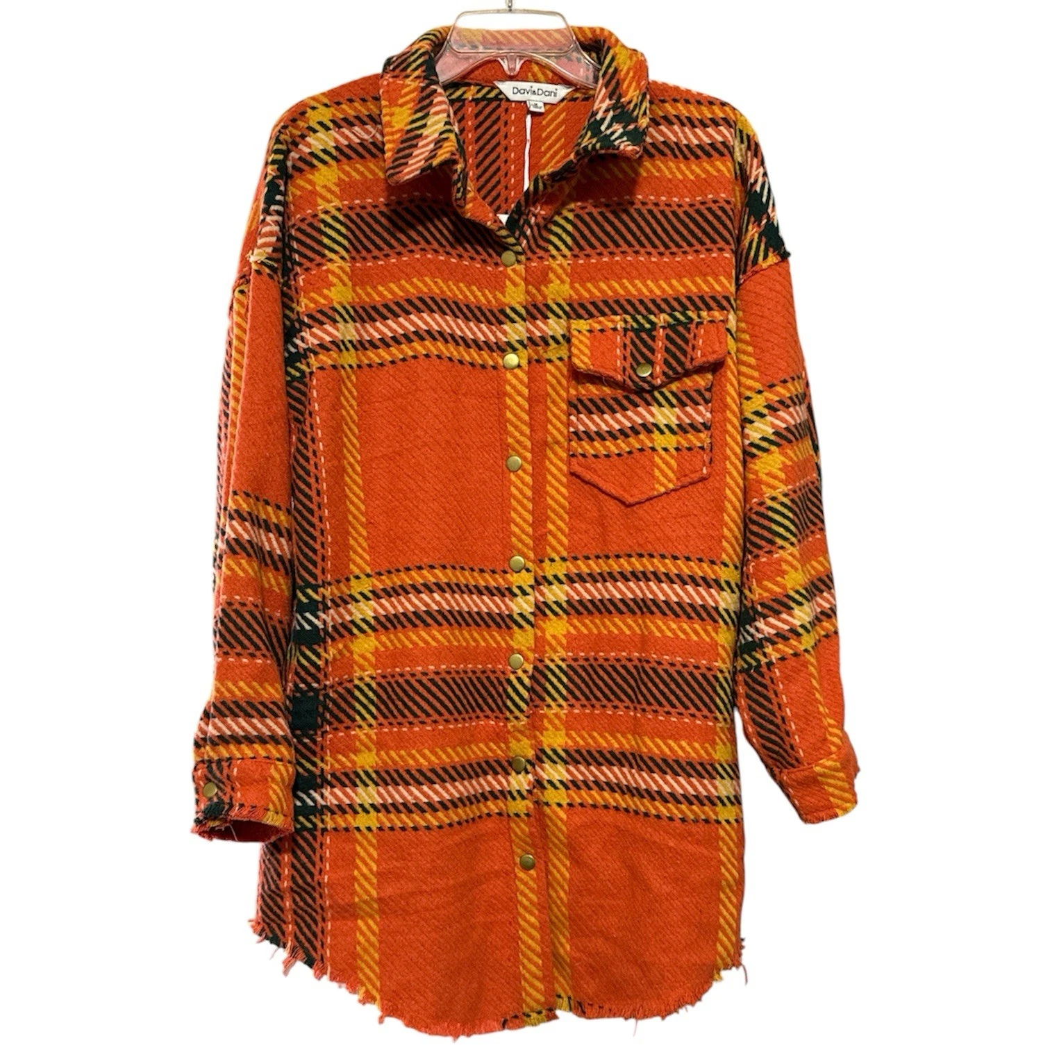 Davi & Dani Orange Plaid Button Front Shacket Size Medium