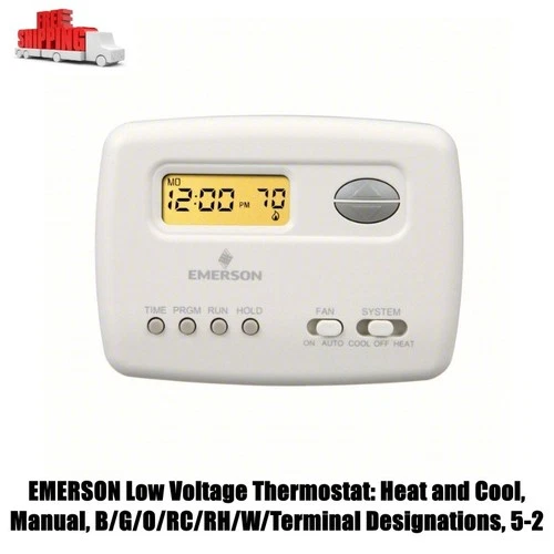 EMERSON Low Voltage Thermostat: Heat and Cool, Manual, B/G/O/RC/RH/W/Terminal De
