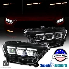 For 2015-2017 Ford Mustang Shiny Black Projector LED Headlights+Sequential Pair