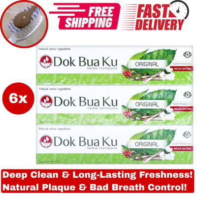 ุ6x Twin Lotus Dok Bua Ku Original Herbal Toothpaste Fresh Breath 100g Thai Pack