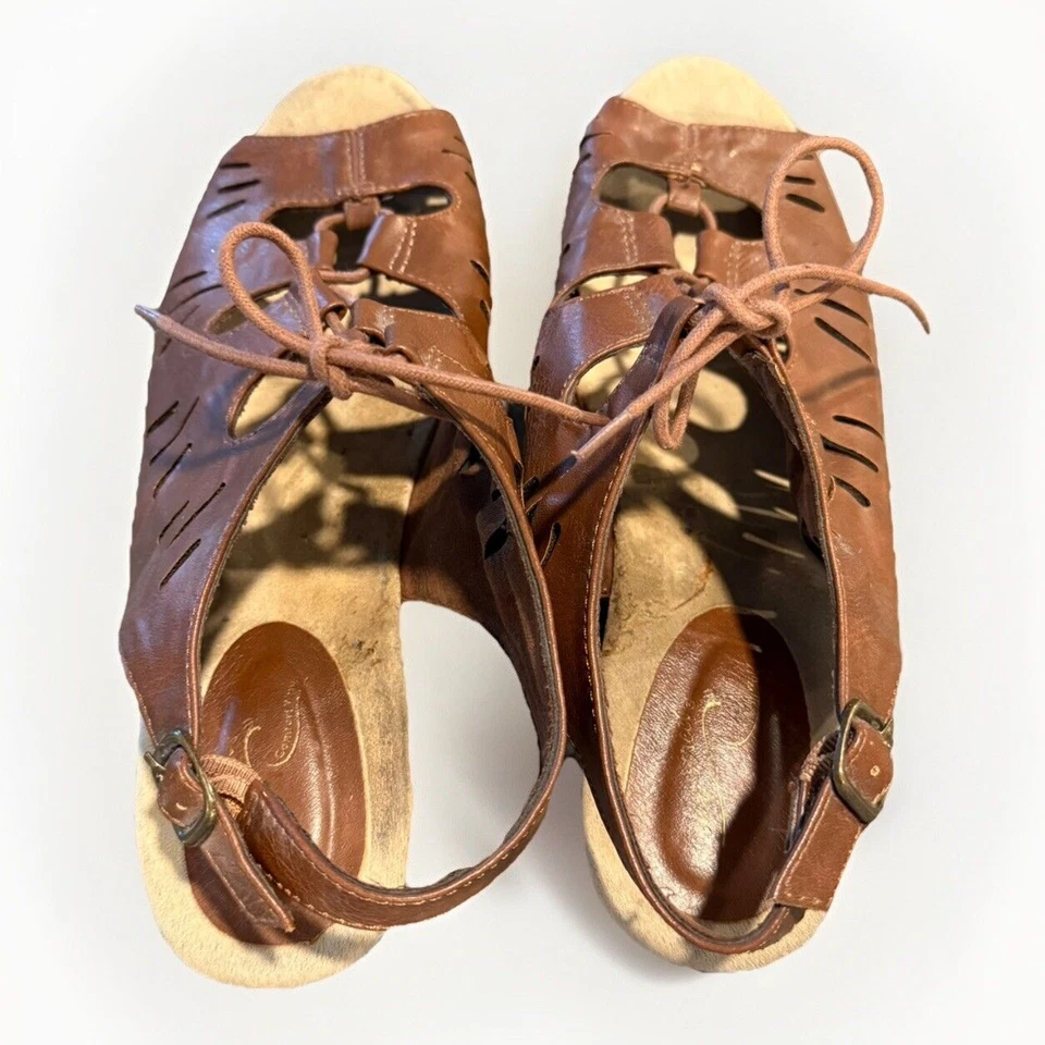 Easy Street 鞋女式 11W 棕色皮革系带露趾凉鞋舒适 — 第 3/4 张图片