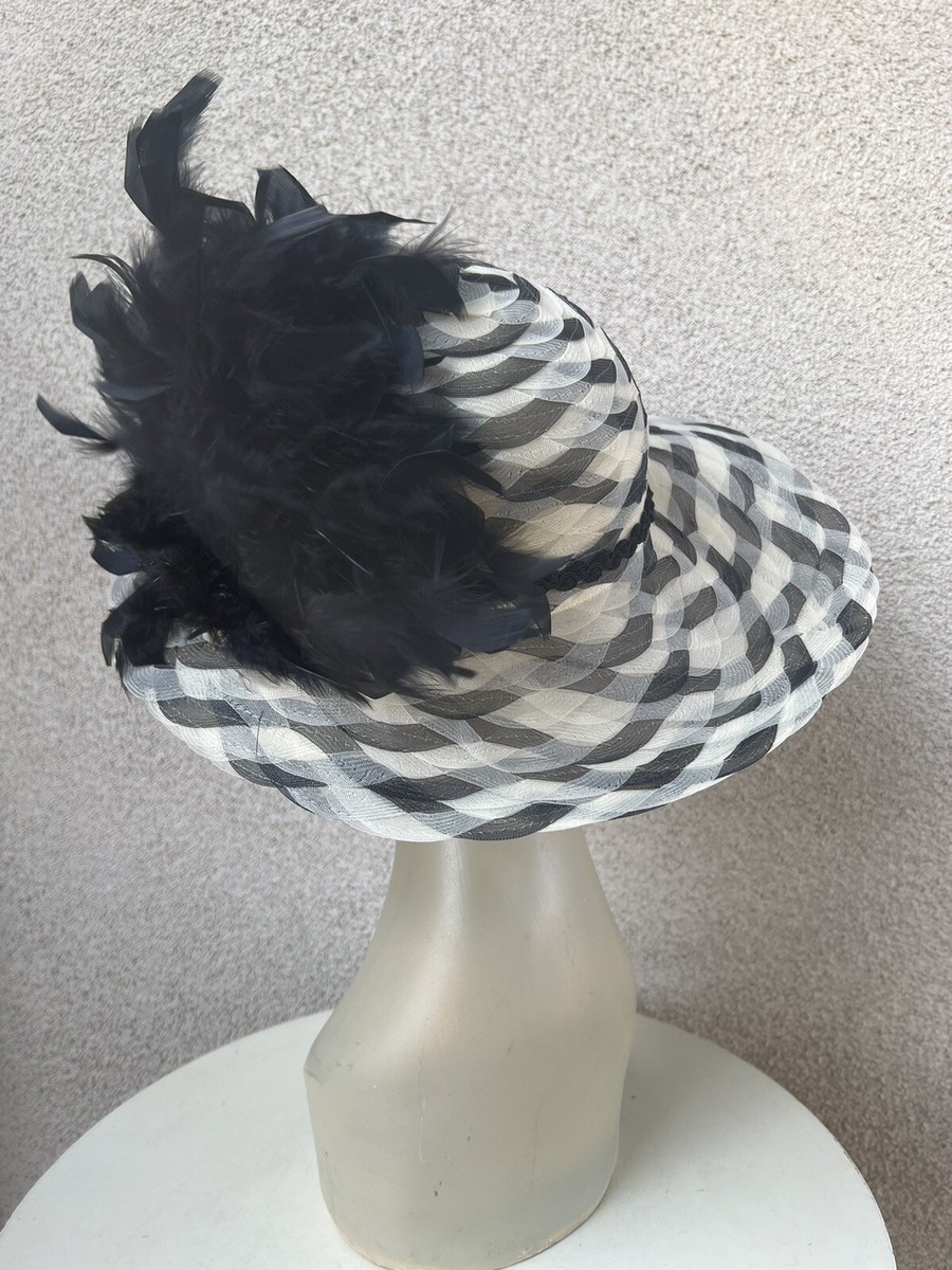 Black white straw ribbon brim hat black boa feathers 22  display picture 2