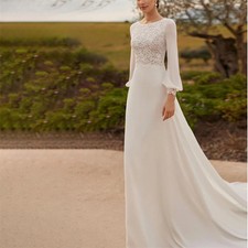 Simple Sheath Bride Scoop Neck Classic Long Sleeves Appliques Wedding Dresses