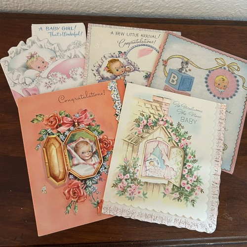 5x Vintage 50s/60s Baby Cards Stork Bunny Critters Ephemera Scrapbook