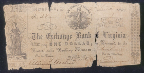 1862 $1 Exchange Bank of Virginia, Norfolk, VA Obsolete Currency Bank Note - 第 1/8 張圖片