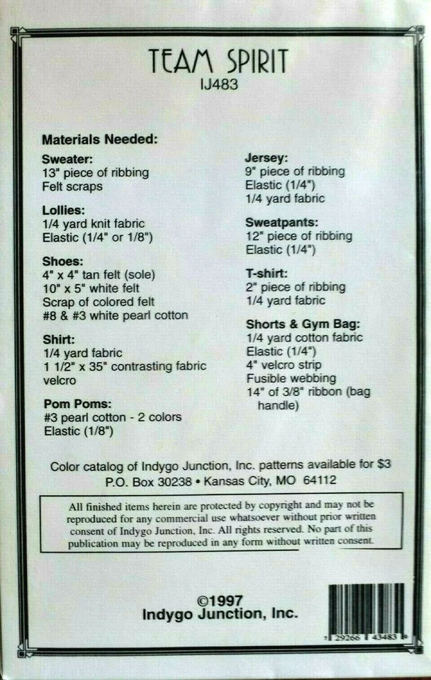 INDYGO JUNCTION  PATTERN  TEAM SPIRIT  17-19" DOLL CLOTHES  UNCUT   - Image 2 of 2