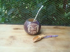  Mate Gourd Hand Made  Cup + Straw Engraving -ESCUDO de PANAMA - BONUS Spoon