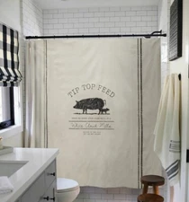 New Farmhouse Country Shower Curtain PIG FEED Rustic Black Stripes Grain Sack