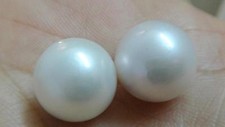 Pair of huge 14mm natural south sea genuine white loose pearl half drilled 9389