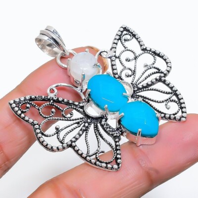 Turquoise & Moonstone Gemstone 925 Sterling Silver Jewelry Pendant Size 2''