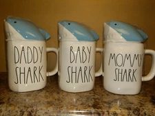 New Rae Dunn "BABY" "MOMMY"&"DADDY" SHARK Mug's/ceramic Coffee/Tea/Coastal/Beach