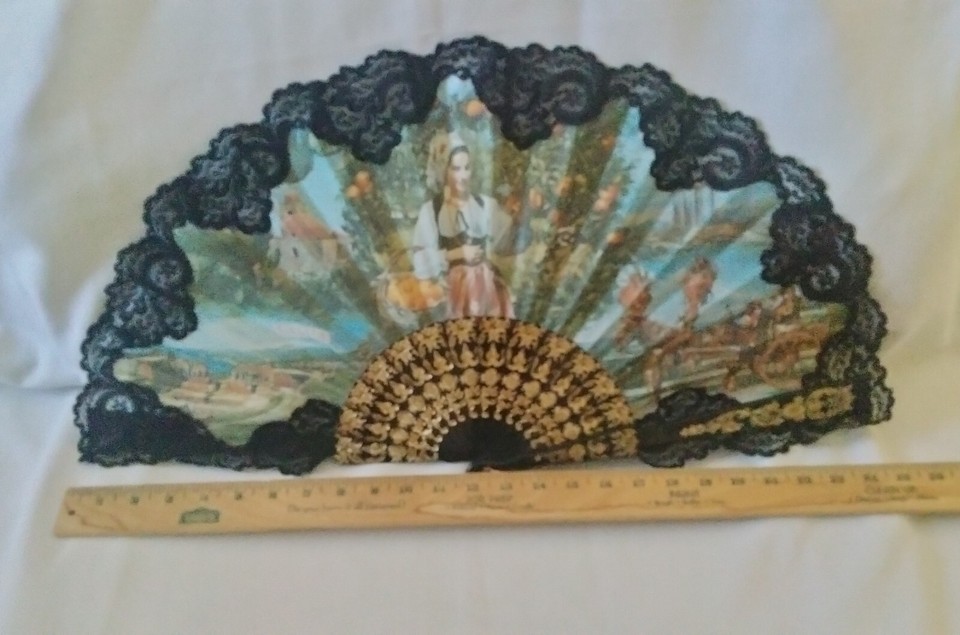 Spanish 24"Wide 13" Long Black With Gold Hand Fan Plastic And Cloth eBay