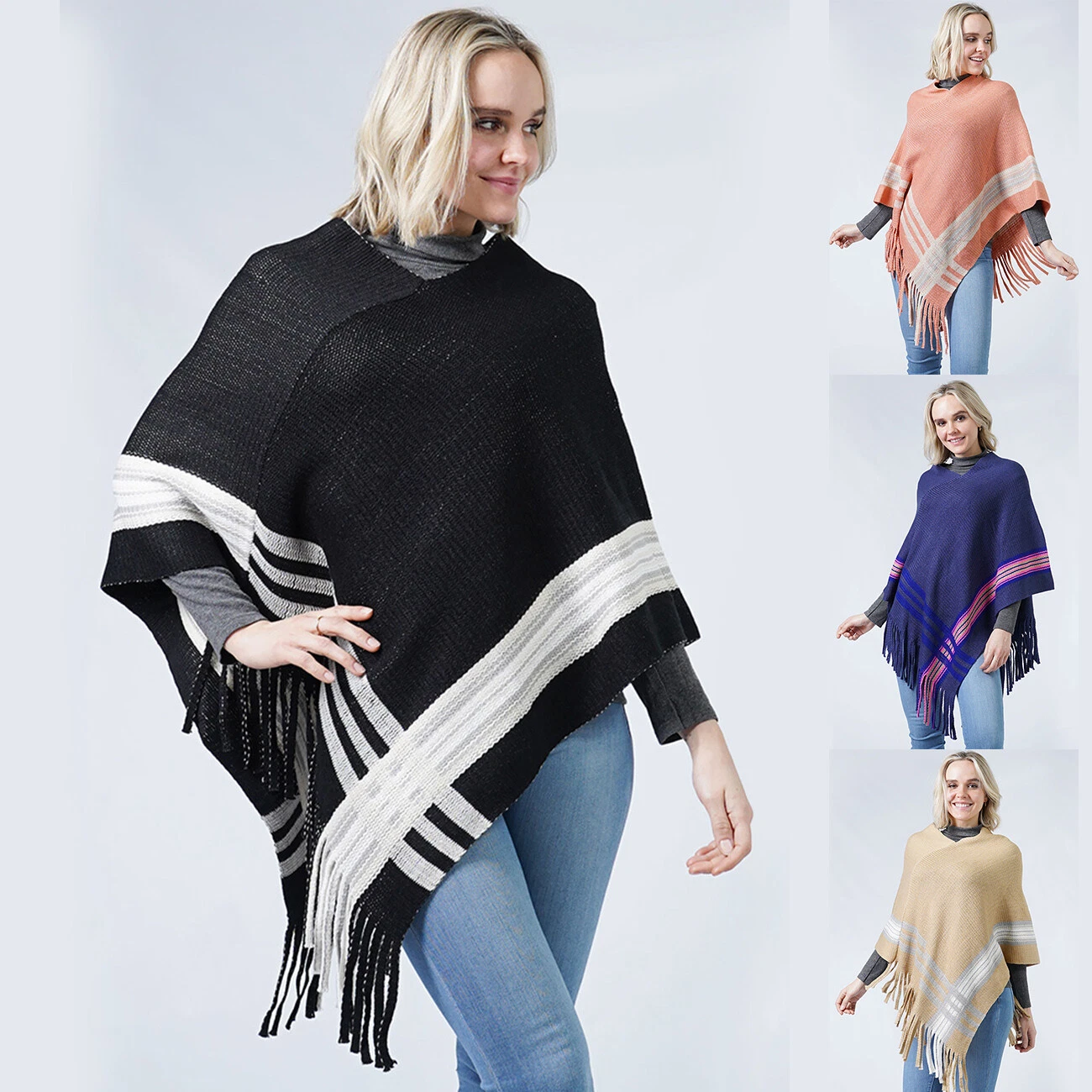 Anthropologie Style Women's Soft Knit Tassel Poncho Shawl Ruana Cardigan Sweater