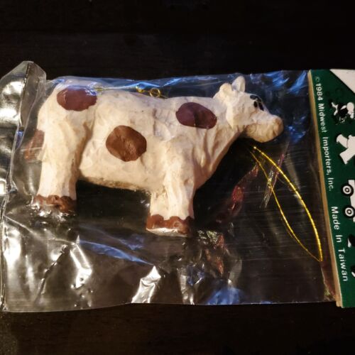 Cow Ornament Midwest Importers Vintage 1984 NEW IN PACKAGE White Brown Spots - Picture 1 of 3