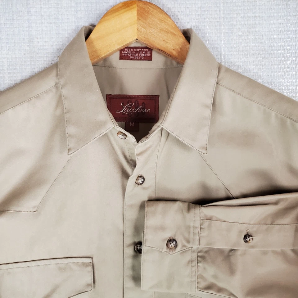 VTG LUCCHESE Mens Size Medium Western Sport Shirt Khaki Cotton Twill Made in USA - Image 4 of 4