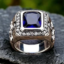 Blue Sapphire Gemstone With 925 Sterling Silver Ring For Men's #AL327